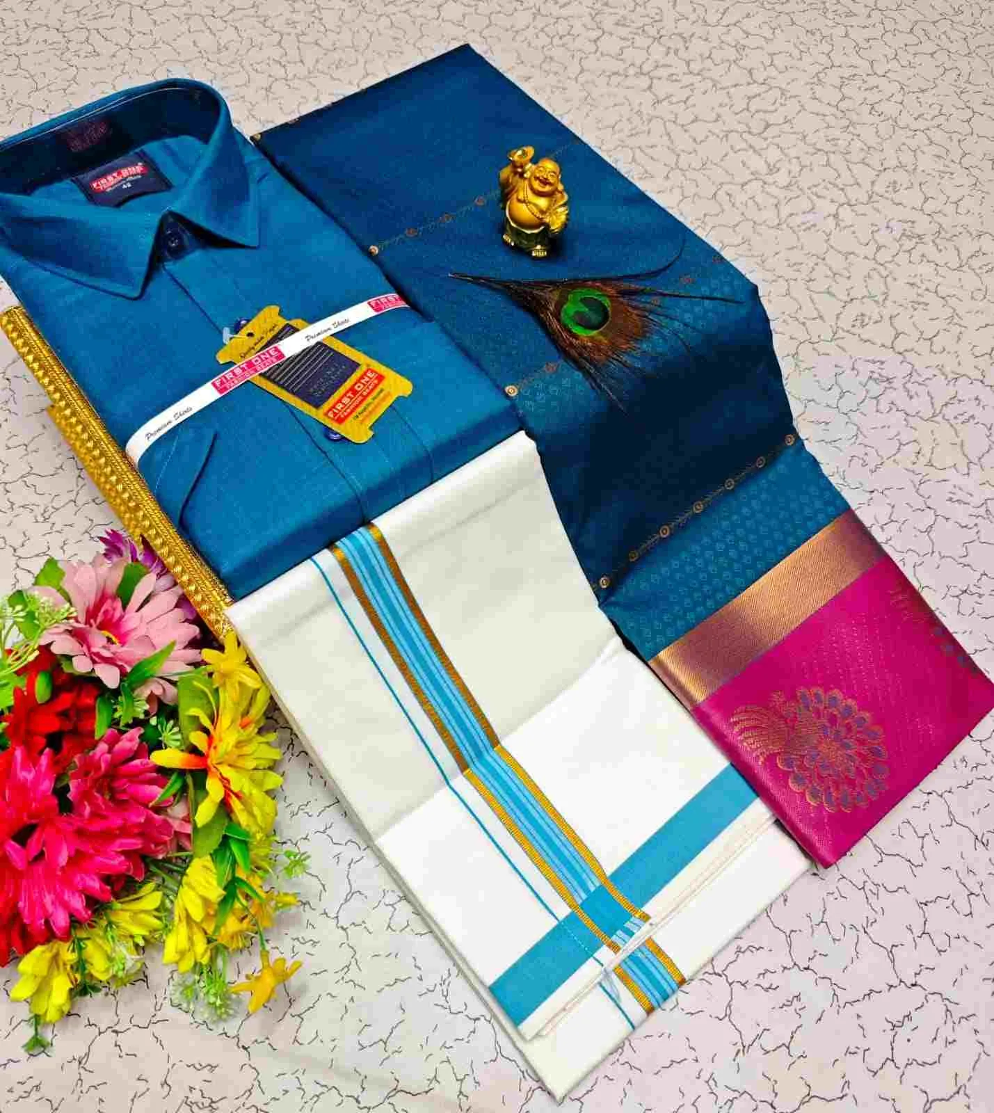 Mayil Peacock Blue Contrast Kubera Silk Couple Combo